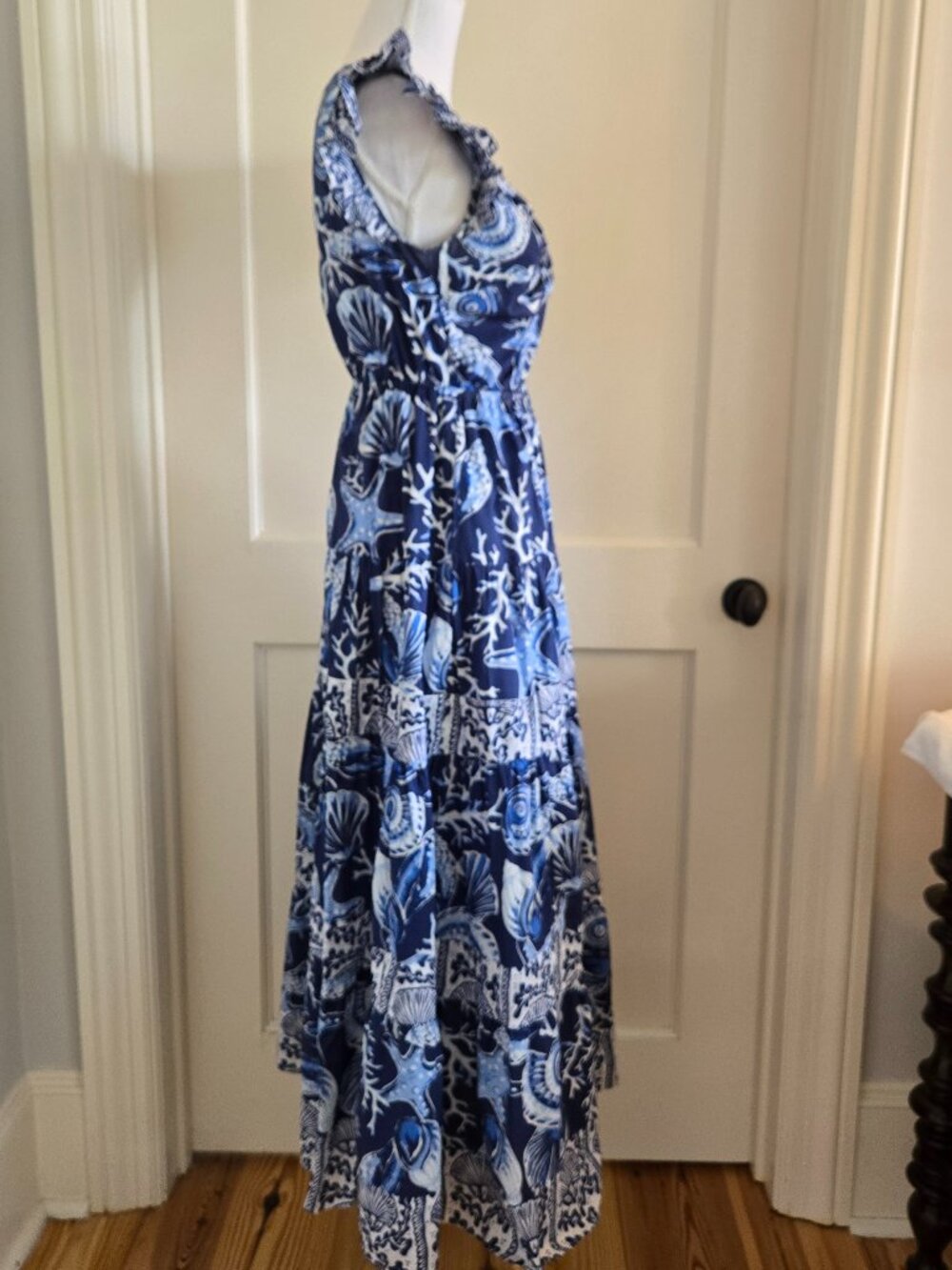 King + Pitt Navy Blue Sea Ocean Theme Ruffle Frill Cap Sleeve Maxi Dress Small - Picture 8 of 16